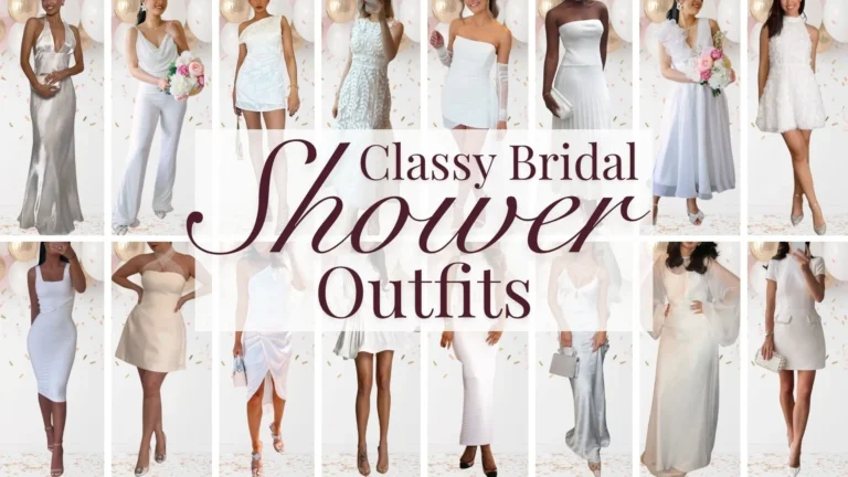A variety of bridal shower outfits feature elegant silhouettes, including a sleek satin gown, playful mini dresses, and sophisticated jumpsuits, all in shades of white and soft pastels. Textures include delicate lace, smooth silk, and subtly shimmering fabric, with design details such as ruffled sleeves, pleated skirts, and embroidered accents. The overall look is whimsical yet refined, perfectly balancing celebration and style.