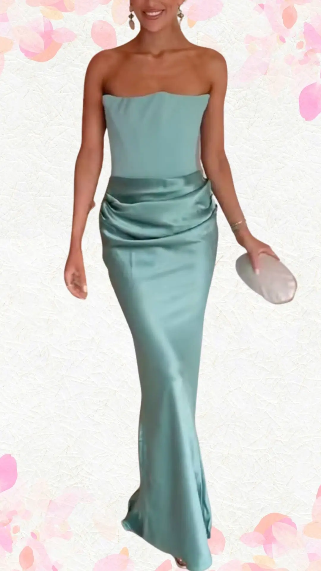 The outfit features a fitted, strapless dress in a soft aqua shade, crafted from luxurious satin that catches the light beautifully. It has a flattering draped bodice leading to a sleek, mermaid silhouette, adorned with subtle pleats for a touch of elegance. The dress is complemented by a chic, minimalist clutch, perfect for a festive bridal shower setting.