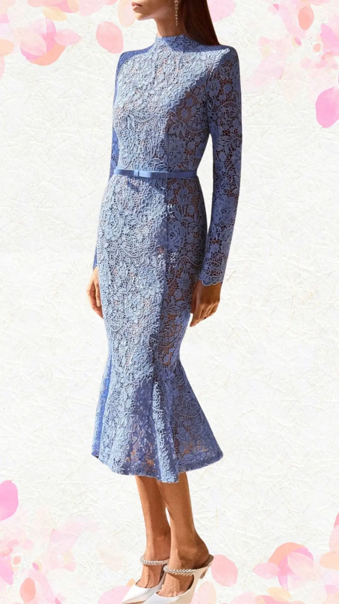 The outfit features a form-fitting, long-sleeved dress crafted from delicate blue lace, showcasing intricate floral patterns and a compelling texture. It has a high neckline and a flared hem that falls just below the knee, complemented by a slim belt that cinches the waist for an elegant silhouette. Paired with chic, open-toed heels, this ensemble strikes a perfect balance between elevated sophistication and playful whimsy, ideal for a bridal shower celebration.