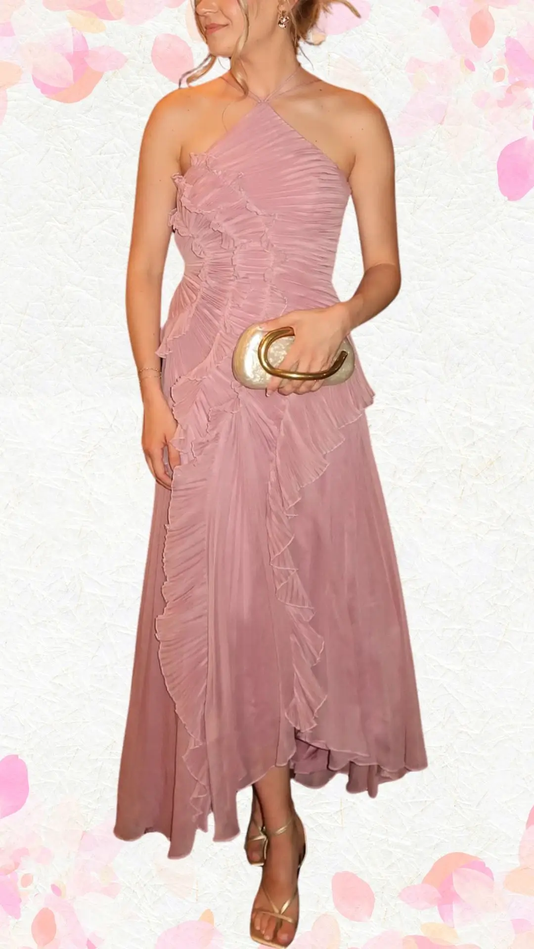 The outfit features a flowing, asymmetrical dress in a soft blush shade, crafted from lightweight fabric with delicate ruffles cascading down one side. It has a flattering one-shoulder neckline and playful pleats, creating a whimsical yet elegant silhouette, perfectly complemented by gold strappy heels and a chic clutch. The overall look strikes a balance between celebratory charm and sophisticated style, ideal for a bridal shower.