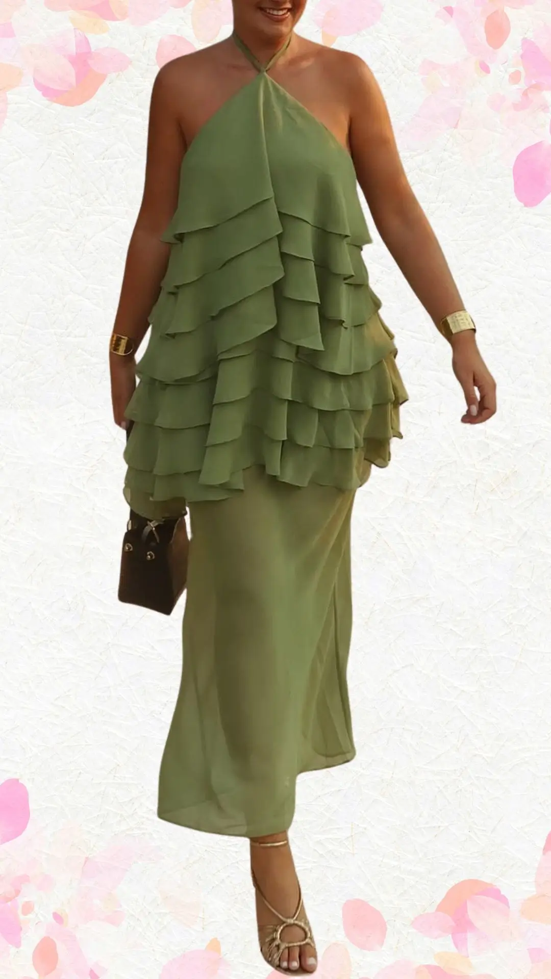 The outfit features a playful, layered dress in a soft green fabric, with a halter neckline and cascading ruffles that add texture and whimsy. The dress transitions into a more fitted skirt, providing an elegant silhouette, while the ensemble is complemented by strappy gold sandals and subtle jewelry, striking a balance between celebration and sophistication.