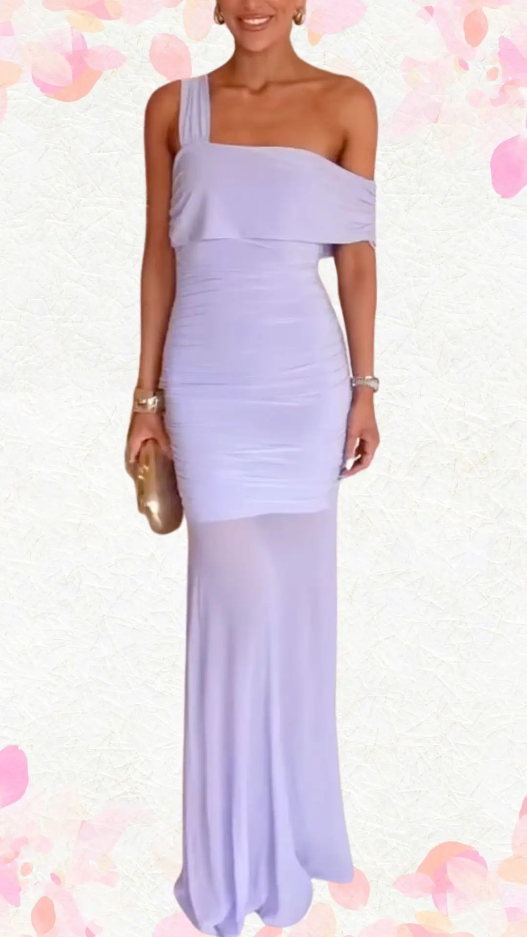 A lavender off-the-shoulder gown features a fitted bodice with subtle ruching that enhances its elegant silhouette, transitioning into a flowing skirt. The soft fabric drapes beautifully, adding a touch of whimsy with its gentle movement, while the asymmetrical neckline and delicate folds contribute to a fun yet sophisticated vibe, perfect for a bridal shower celebration. Accessories like a sleek clutch complete the look without overwhelming the ensemble.
