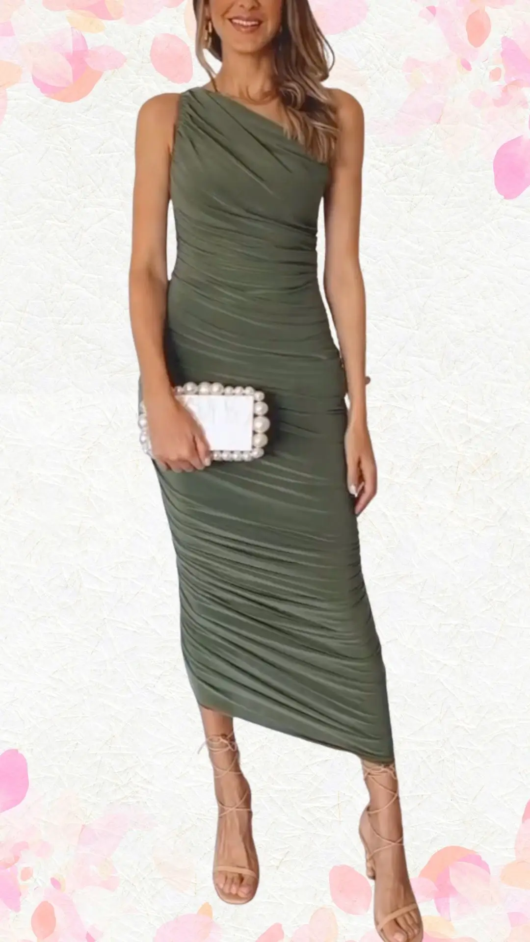 The outfit features a form-fitting, olive green one-shoulder dress made from soft, stretchy fabric with subtle ruching that adds texture. The knee-length design includes a delicate side slit and is paired with elegant nude strappy sandals and a pearl-embellished clutch, balancing sophistication with playful charm, perfect for a bridal shower celebration.