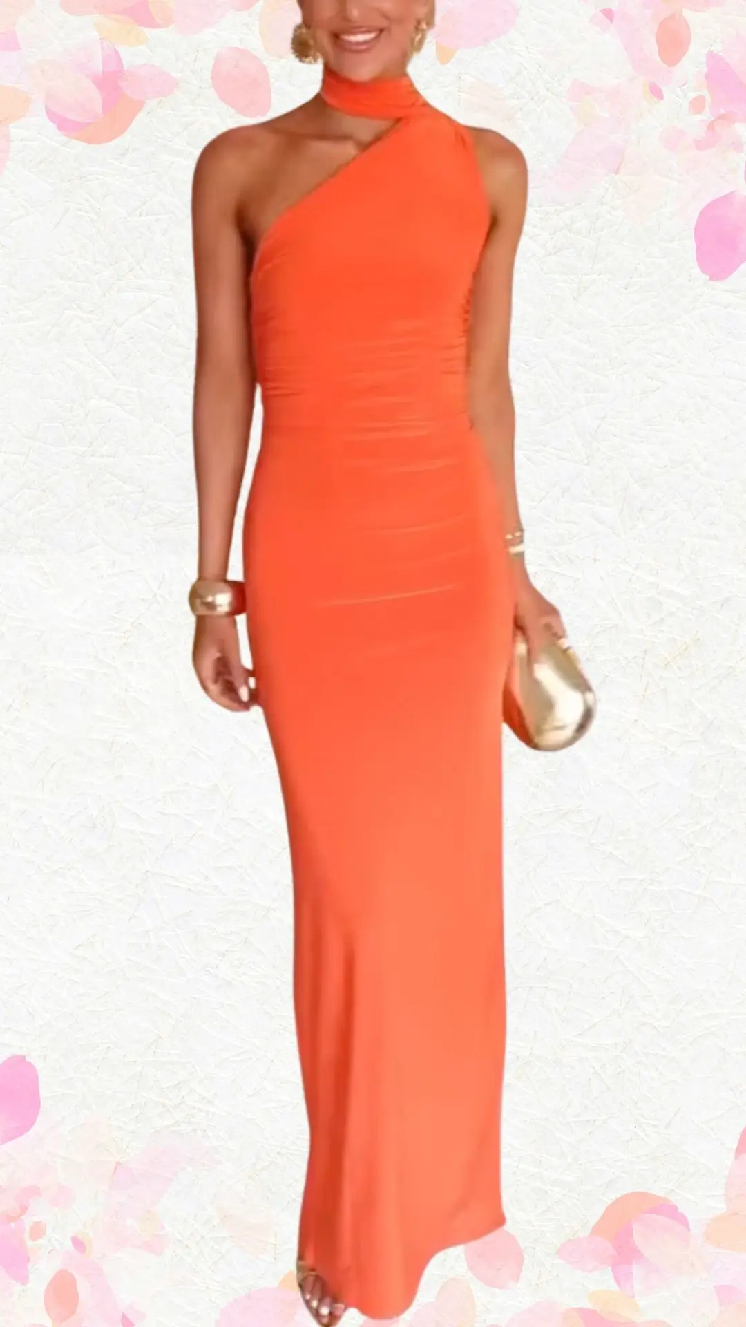 The outfit features a fitted, one-shoulder maxi dress in a vibrant orange fabric that has a smooth texture, providing a sleek silhouette. The dress is elegantly ruched at the bodice, enhancing its form-fitting style, while the ankle-length hemline adds a touch of sophistication without being overly formal. Complementing the look are bold gold accessories, including large hoop earrings and a metallic clutch, which introduce playful accents to the ensemble.