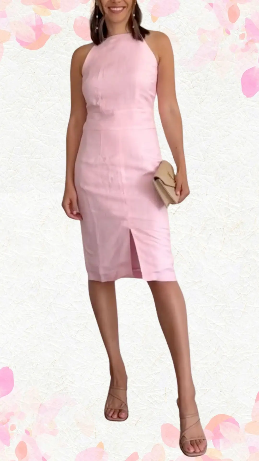 The outfit features a fitted, pastel pink sheath dress crafted from smooth, lightweight fabric, accented with a subtle front slit for added flair. It has a high halter neckline and no sleeves, creating a sleek and sophisticated silhouette while maintaining a playful tone. The look is completed with neutral strappy sandals and a matching clutch, striking a balance between elegance and whimsy suitable for a bridal shower celebration.