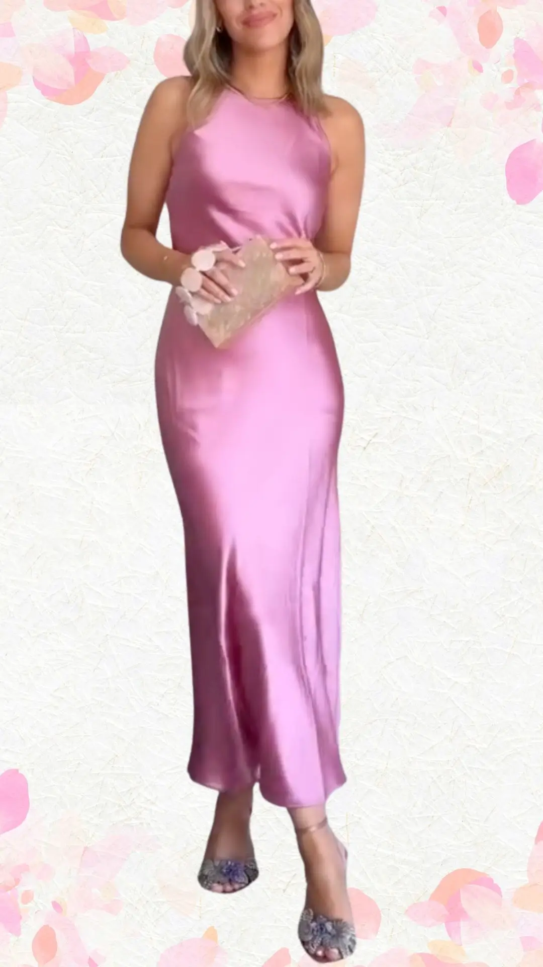 The outfit features a sleek, floor-length gown made of lustrous satin in a soft pink hue, exuding elegance without being overly formal. Its halter neckline and fitted silhouette provide a flattering shape, while the smooth fabric adds a touch of sophistication. Paired with embellished heeled sandals, this look embodies a celebratory spirit, making it perfect for a bridal shower.