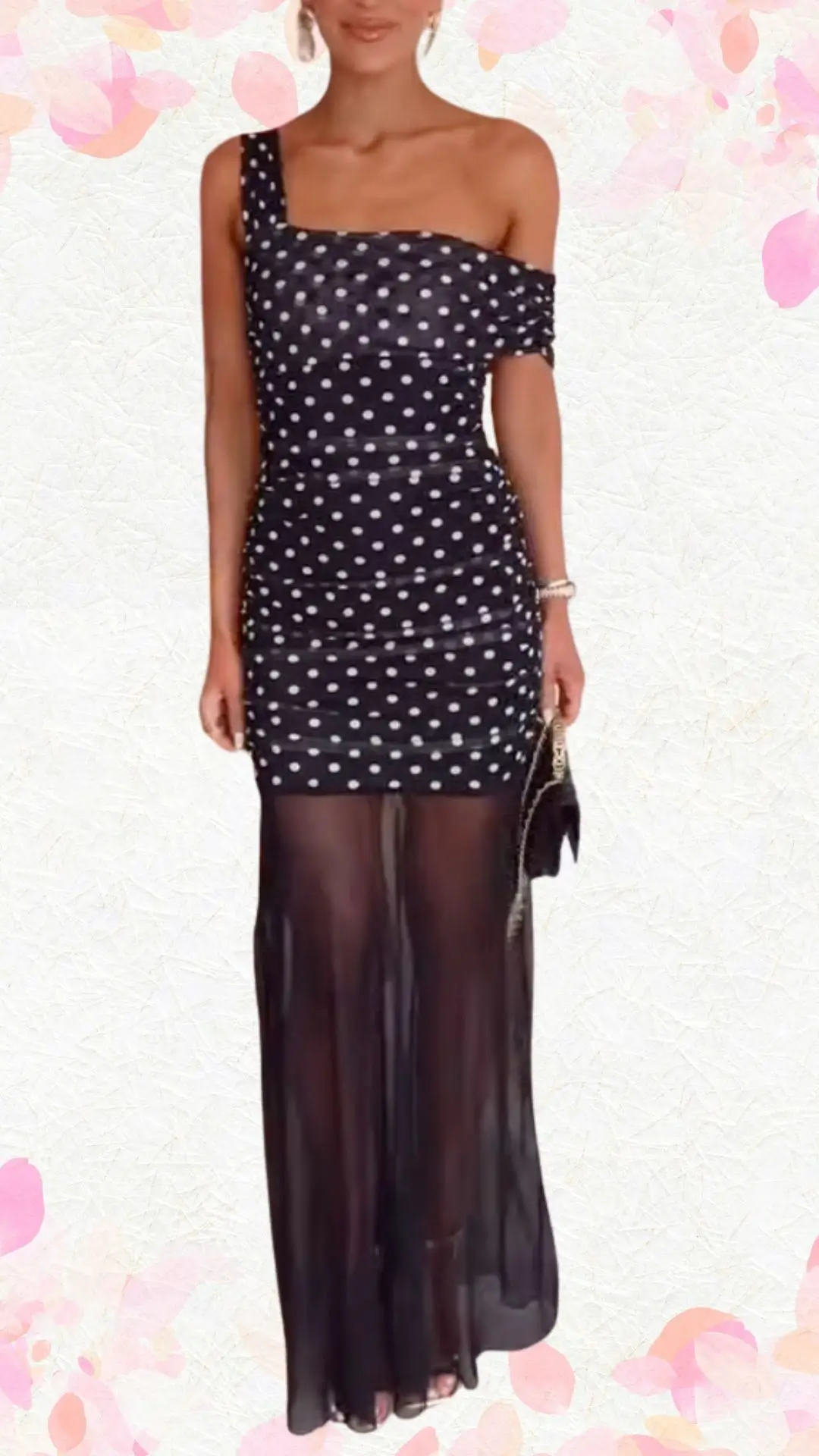 The outfit features a fitted, polka-dotted dress with a playful off-the-shoulder neckline, crafted from a lightweight fabric that drapes gently. The design includes a sheer, flowing overlay that adds elegance, while the playful polka dots and figure-hugging silhouette introduce a fun, whimsical vibe, making it perfect for a bridal shower celebration. The combination of textures and elements creates a balance between elevated style and casual charm.