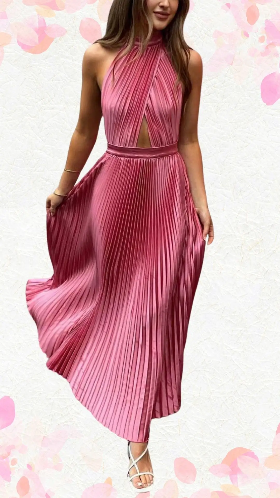 The outfit features a flowing, knee-length dress in a vibrant rose pink hue, crafted from a smooth, lightweight fabric with elegant pleats that create a playful yet sophisticated movement. The dress has a halter neckline, a keyhole cutout under the bust, and a fitted waist, enhancing its feminine silhouette while maintaining an elevated feel. It is complemented with delicate strappy sandals that add a touch of whimsy appropriate for a bridal shower celebration.