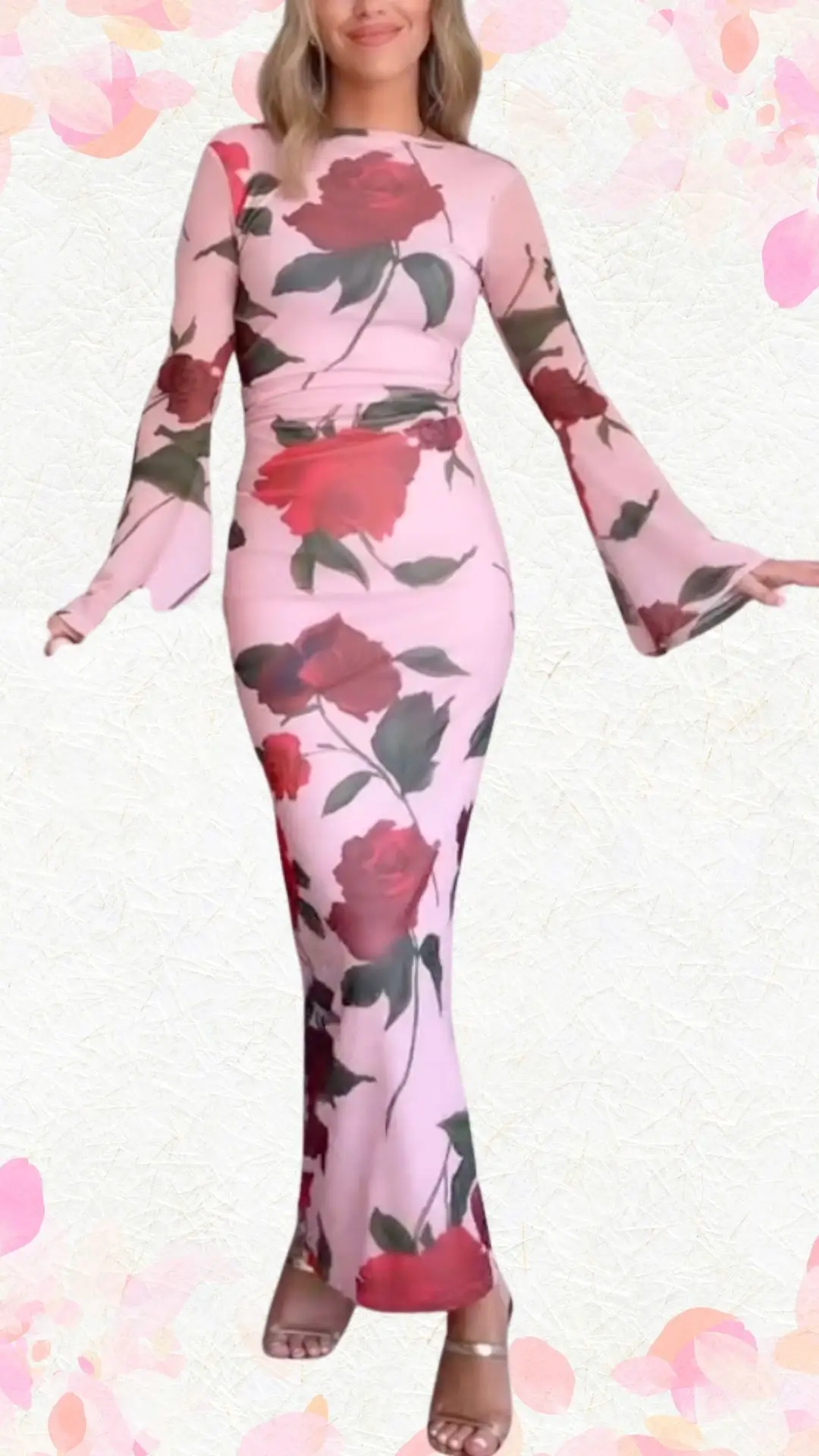 The outfit features a form-fitting, long-sleeve dress made from a smooth, stretchy fabric, adorned with large, vibrant rose prints in shades of red and green against a soft pink background. It has a classic round neckline and elegant flared sleeves that add a whimsical touch, while the silhouette gracefully hugs the body and flows to the floor, balancing sophistication and fun. This design is perfect for a bridal shower, offering a festive yet polished look.