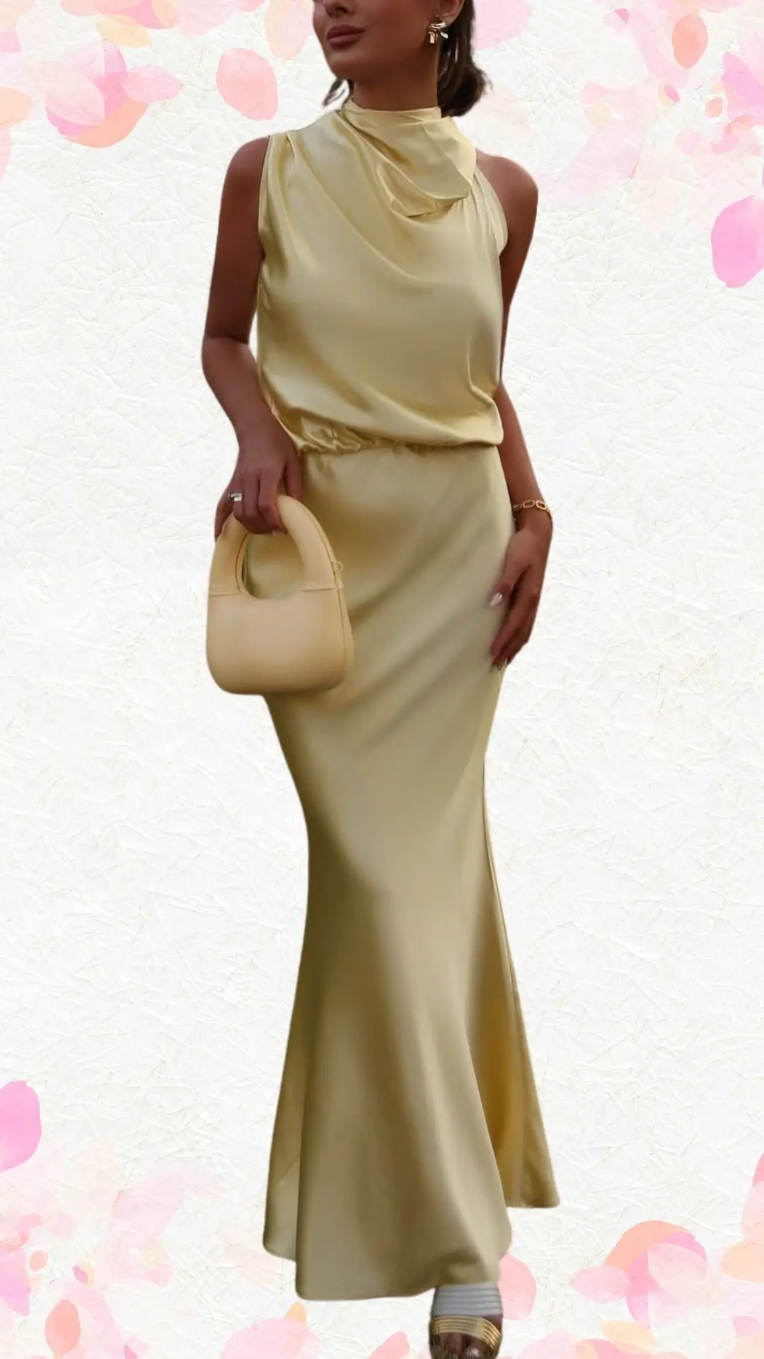 The outfit features a sleek, sleeveless gown made from a smooth, lustrous fabric in a soft yellow hue. It has a cowl neckline and an elastic waistband that creates a flattering silhouette, while the floor-length design is finished with a subtle flared hem, combining elegance with a playful touch perfect for a bridal shower celebration. Accessories include a chic, structured handbag and minimalistic jewelry, enhancing the overall sophisticated yet whimsical look.