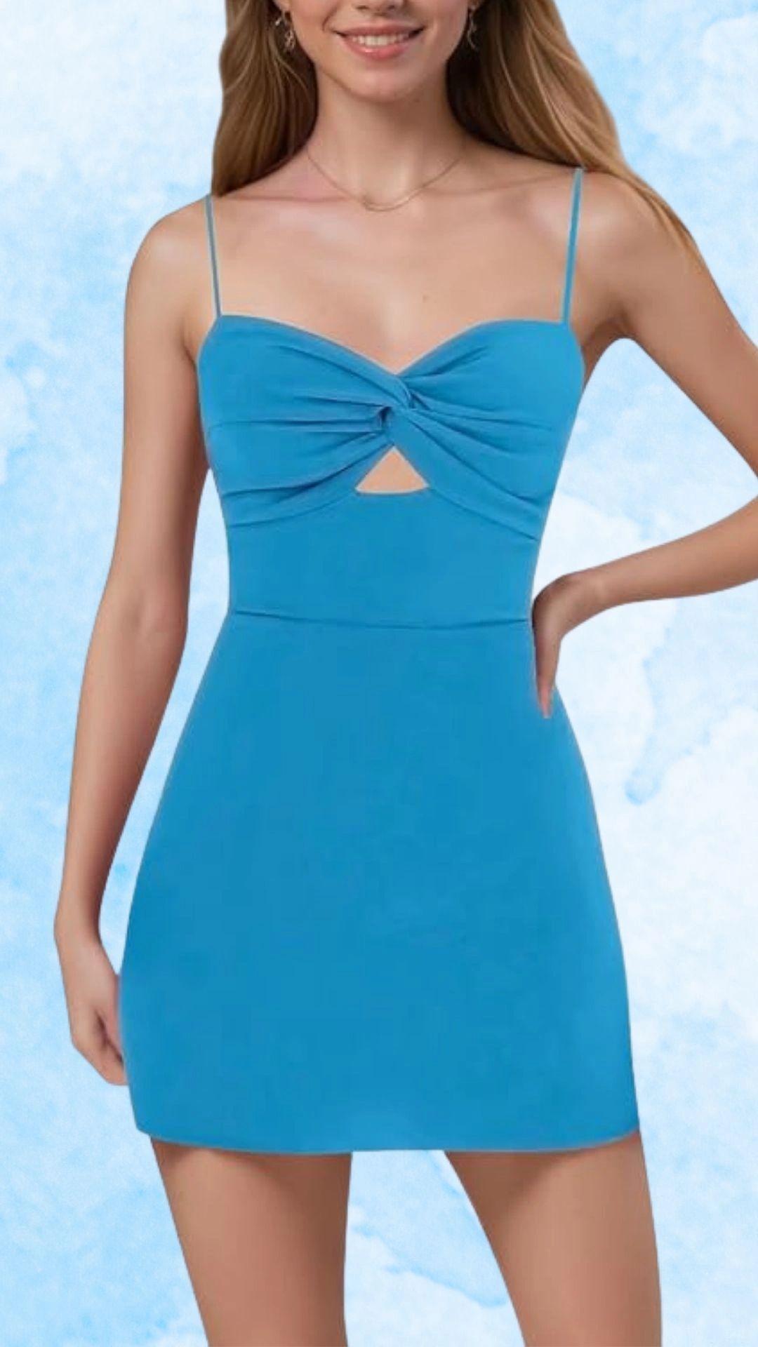 Bright blue twist-front homecoming dress with spaghetti straps