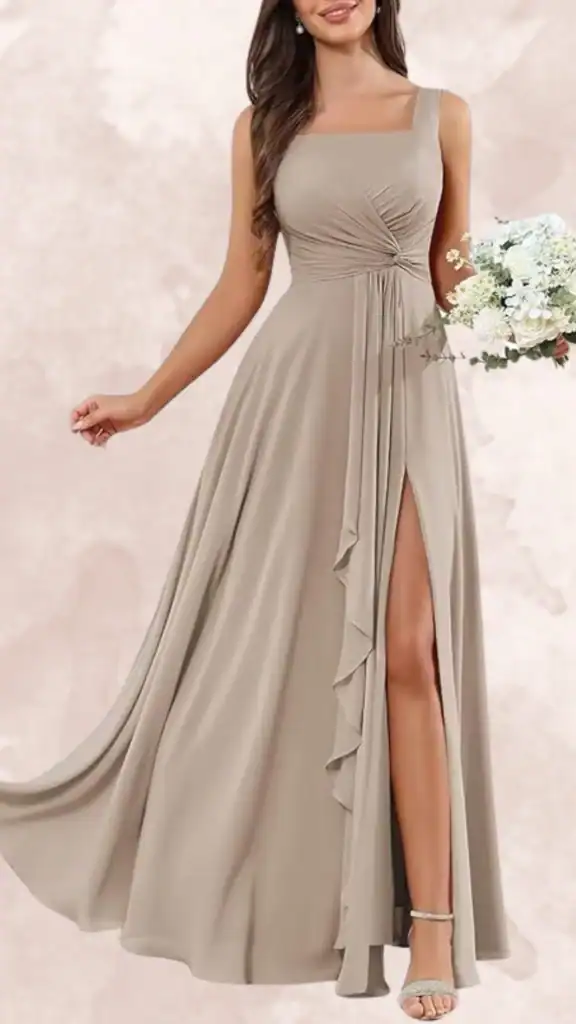 The dress features a square neckline and thick straps, with a fitted bodice that gathers at the waist, leading to a flowing, floor-length skirt. A standout detail is the asymmetrical ruffle along the thigh-high slit, adding dimension and elegance. The color is a soft, muted brown, providing a romantic and timeless look, perfect for a bridesmaid's attire.