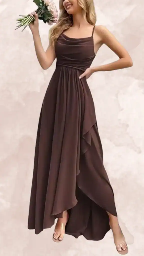 This elegant brown bridesmaid dress features a cowl neckline and delicate spaghetti straps, creating a soft silhouette. The dress has a fitted waist that flows into a cascading hemline, with asymmetrical draping for added movement and style. Its rich chocolate hue provides a classic yet modern look, perfect for a variety of wedding themes.