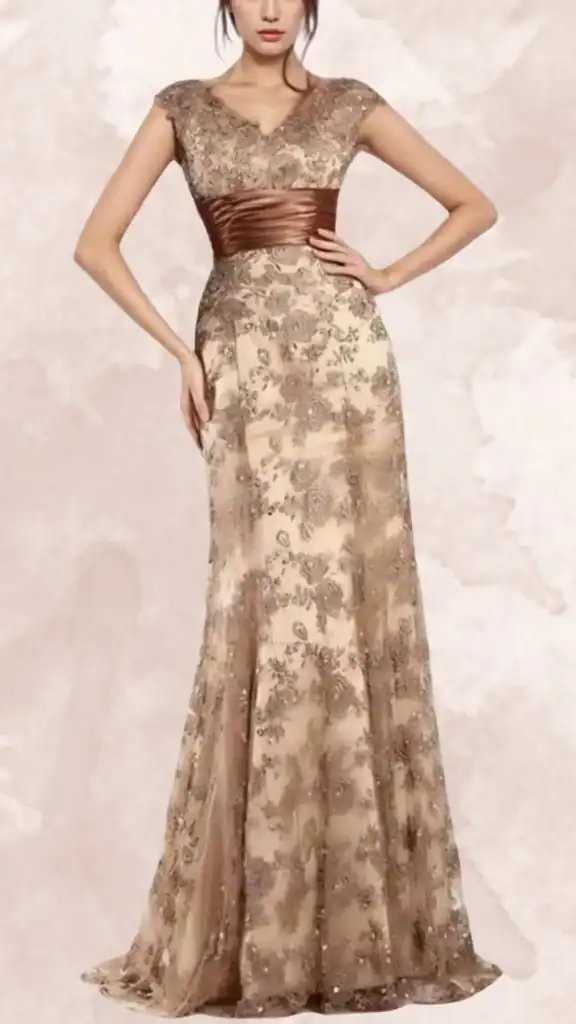 The dress features a v-neckline and short cap sleeves, tailored in a fitted silhouette that flares gently towards the hem. The bodice is adorned with intricate floral embroidery in a soft taupe hue, complemented by a rich brown satin waistband that defines the waist. The floor-length skirt exhibits a subtle gradient of beige tones, embellished with delicate beadwork that adds a touch of elegance.