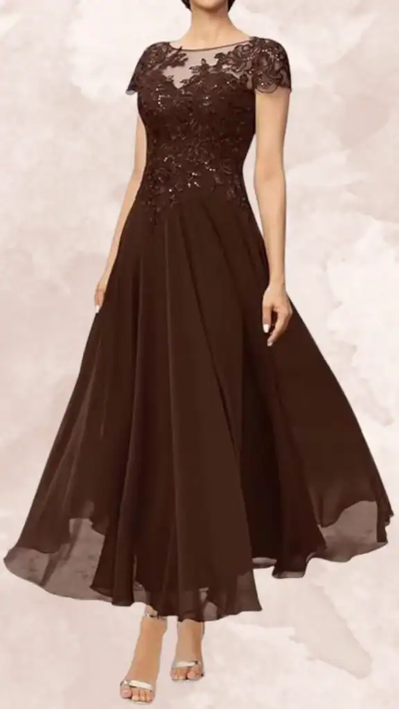 This brown bridesmaid dress features a fitted bodice with intricate floral lace detailing and a sheer neckline, offering a sophisticated touch. The A-line skirt gracefully flows to the ankle, creating an elegant silhouette, while delicate cap sleeves add to its charm. The rich chocolate hue enhances the overall design, making it a versatile choice for formal occasions.