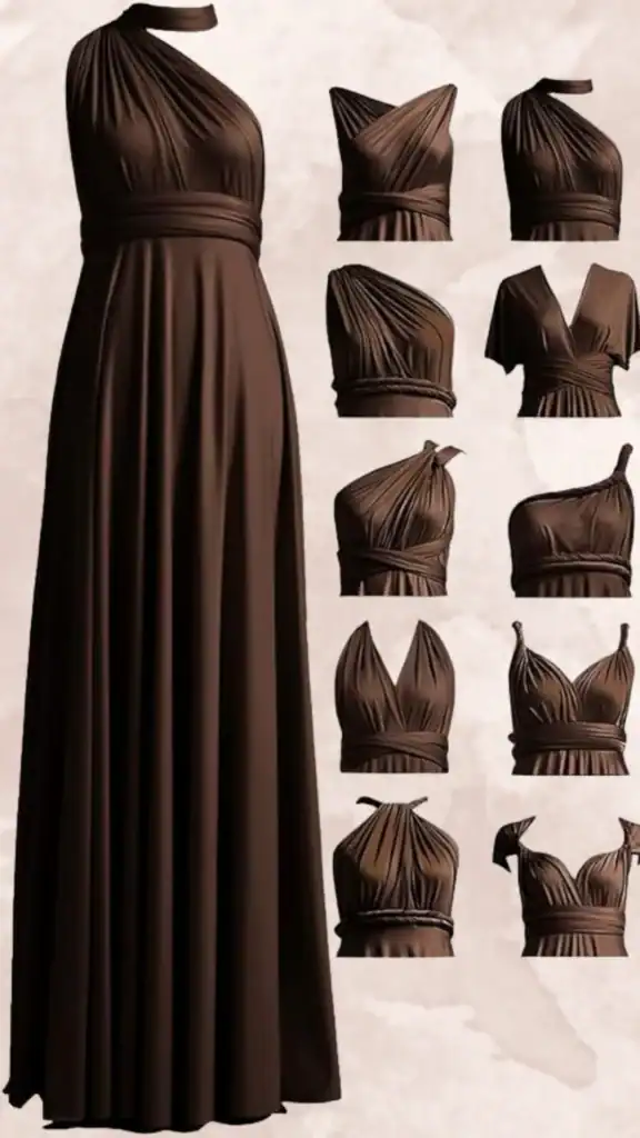 The dress is a floor-length, brown bridesmaid gown featuring a halter neckline with a fitted bodice and an empire waist that flows into a soft, A-line silhouette. Its standout design includes gathered draping details, allowing for multiple styling options with interchangeable tops shown in various cuts, such as asymmetrical and capped sleeves. The rich brown hue offers a timeless elegance suitable for various wedding themes.