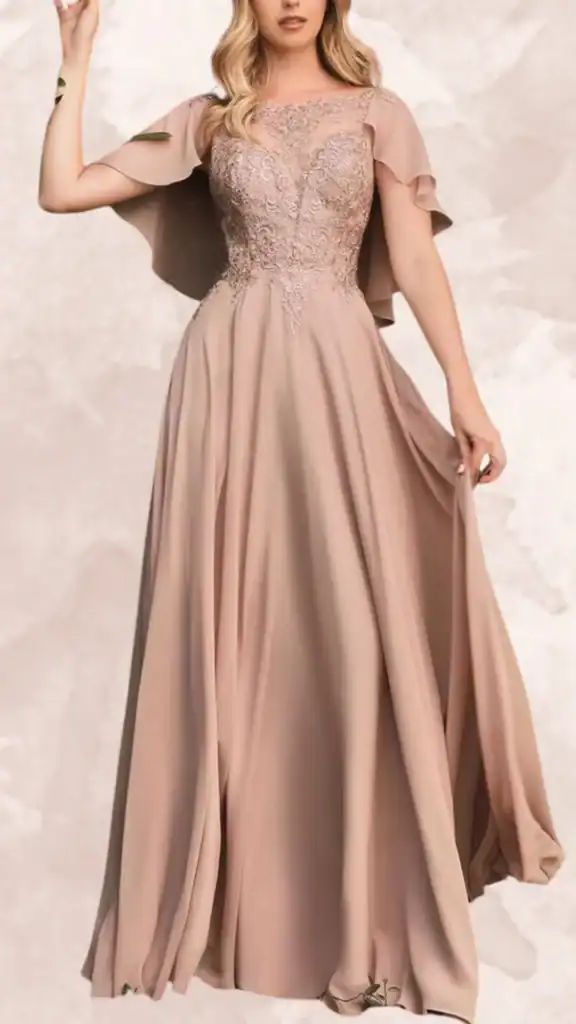 This brown bridesmaid dress features a fitted bodice adorned with intricate beading and a soft, sheer illusion neckline. Elegant flutter sleeves add a romantic touch, while the flowing skirt falls to the floor in a soft A-line silhouette. The muted taupe shade enhances the dress's overall sophistication, making it a versatile choice for wedding celebrations.