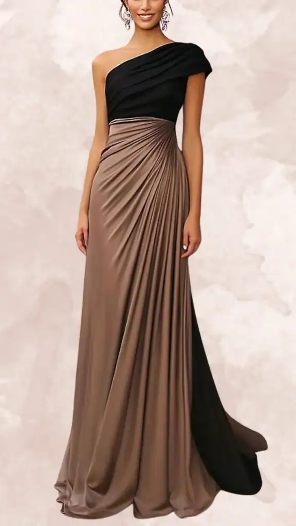 The dress features a one-shoulder design with a fitted bodice in black, transitioning into a flowing, pleated skirt in a rich, warm brown. The long skirt elegantly drapes to the floor, combining sophistication with comfort. The contrasting colors create a striking visual appeal, making it a standout choice for a bridesmaid dress.