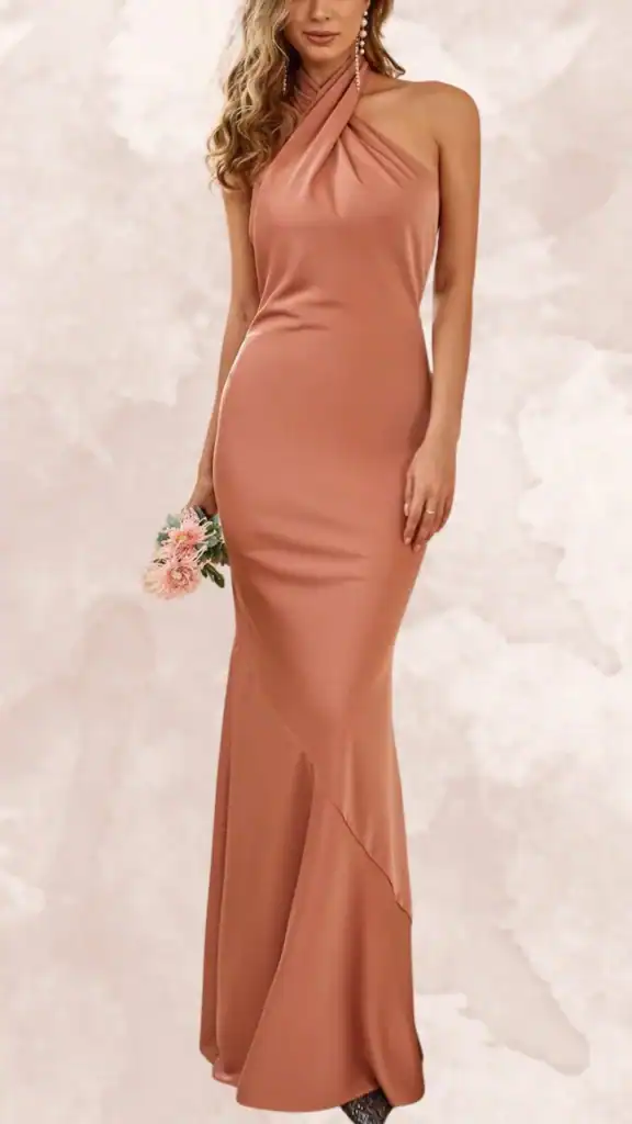 The dress features a sleek, form-fitting silhouette in a rich, earthy brown tone with a soft sheen. It showcases a one-shoulder design with gathered detailing at the neckline and a mermaid hem that elegantly flares out, creating a sophisticated look. The overall effect is enhanced by the smooth fabric that beautifully drapes over the body.