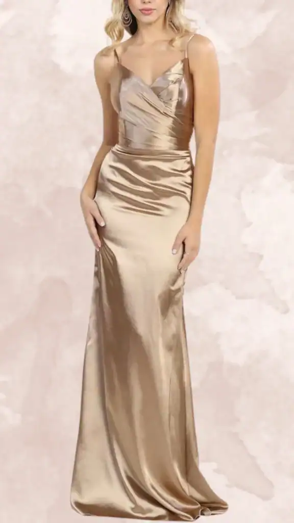 This brown bridesmaid dress features a sleek, satin finish and a modern, figure-flattering silhouette. It has a V-neckline with delicate spaghetti straps, a fitted bodice, and a flowing, ankle-length hemline. The dress's rich golden-brown color adds elegance, while the subtle draping on the bodice enhances its sophisticated design.