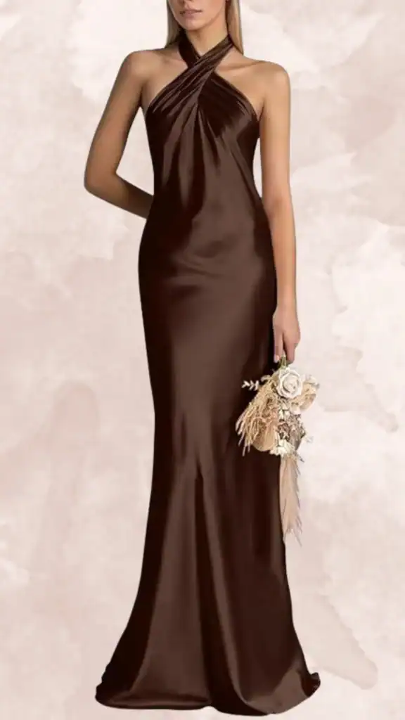 The dress features a deep chocolate brown hue with a sleek, satin finish, showcasing a halter neckline that wraps elegantly around the shoulders. It has a fitted bodice that flows into a mermaid silhouette, ending in a subtle train at the hem. Decorative pleating adds sophistication, enhancing the overall smoothness of the fabric.