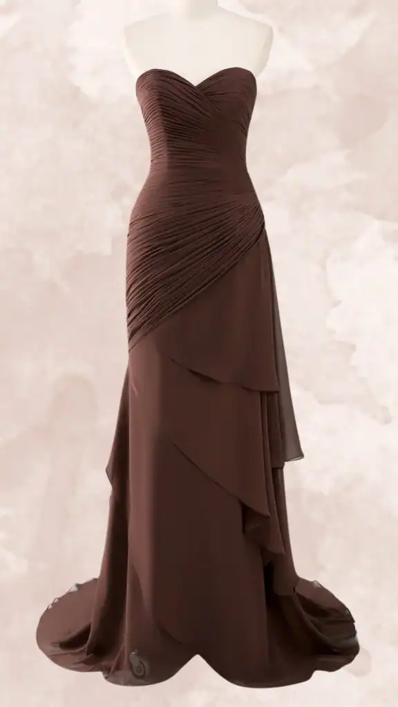 This brown bridesmaid dress features a strapless sweetheart neckline with intricate ruching that contours the body, creating a flattering silhouette. The gown flows into a layered A-line skirt with a soft, cascading hemline, made from lightweight fabric for fluid movement. The deep chocolate hue adds sophistication, making it an elegant choice for formal occasions.
