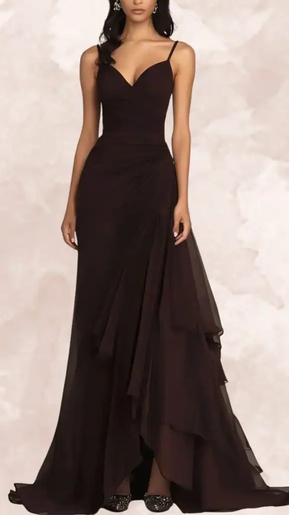 The dress is a deep chocolate brown, featuring a fitted bodice with a sweetheart neckline and delicate spaghetti straps. The flowing skirt drapes elegantly, with asymmetrical layers creating movement and a captivating hemline that trails slightly at the back. Standout details include soft ruching at the waist, enhancing silhouette, and the overall graceful design perfect for a bridesmaid.