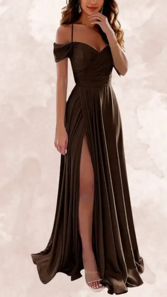 This brown bridesmaid dress features a flattering sweetheart neckline with off-the-shoulder sleeves and a fitted bodice that accentuates the waist. The floor-length skirt has a thigh-high slit, adding elegance and drama, while the dress is made from a smooth fabric that drapes beautifully. Its rich brown color creates a sophisticated and timeless look, perfect for various wedding themes.