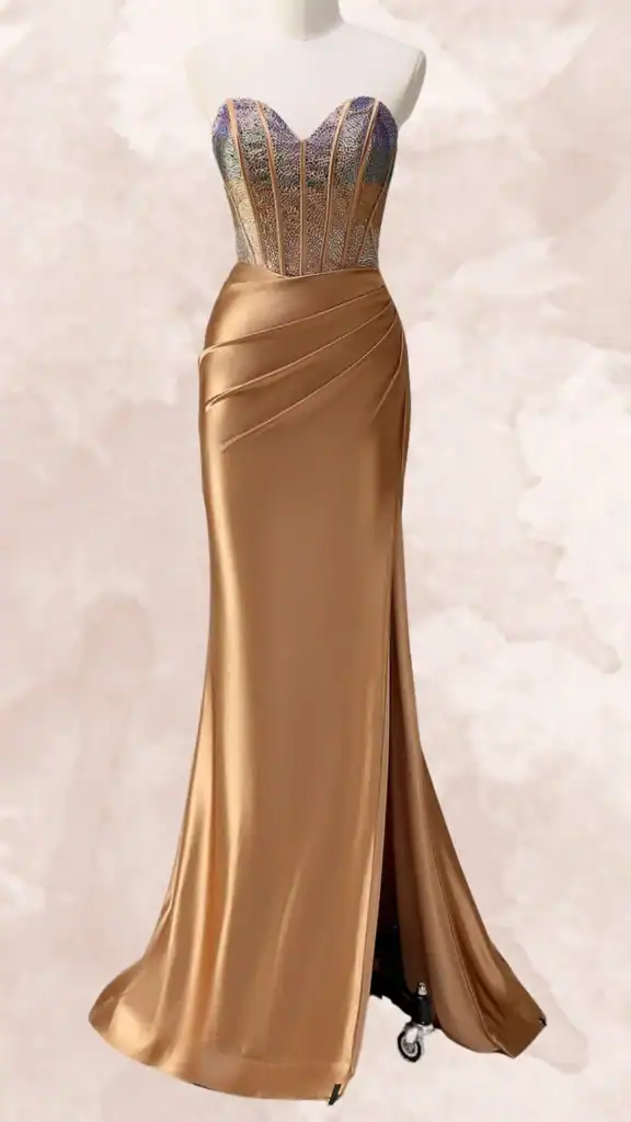 The dress features a structured, sweetheart neckline adorned with shimmering iridescent embellishments, paired with a sleek, form-fitting satin skirt in a rich bronze hue. The silhouette accentuates the waist with stylish draping, while the thigh-high slit adds a touch of elegance and movement. The overall design combines sophistication with a modern edge, ideal for a chic bridesmaid ensemble.
