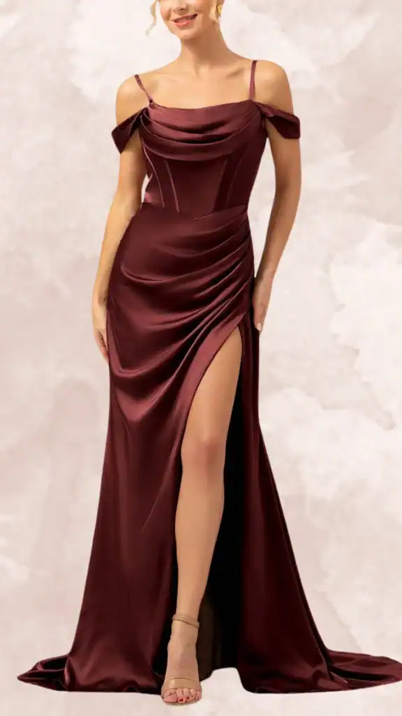 This elegant brown bridesmaid dress features a sweetheart neckline with off-the-shoulder straps, a fitted bodice, and a flattering ruched design that drapes gracefully to the floor. The dress showcases a high thigh slit for added allure, complemented by a soft, satin fabric that offers a luxurious sheen. The rich brown hue enhances the dress's sophistication, making it ideal for formal wedding settings.