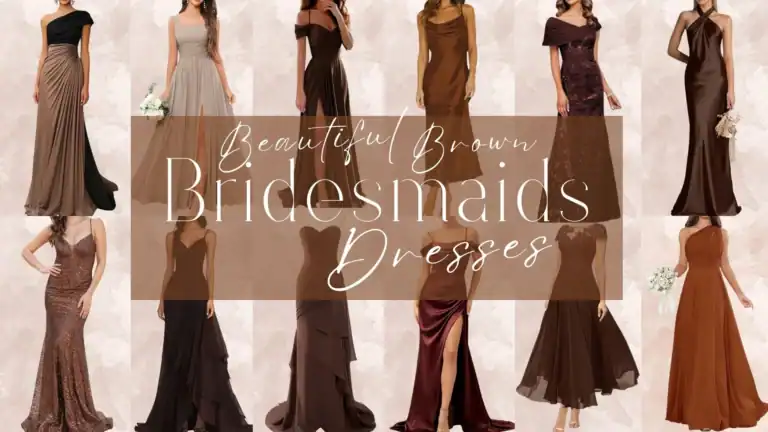 A collection of brown bridesmaid dresses features various styles, including an elegant off-the-shoulder gown with draped fabric, a sleek floor-length dress in rich chocolate brown, and a softly pleated A-line dress with a thigh-high slit. Textures vary from shimmering sequins to smooth satin, showcasing shades like warm taupe, deep mahogany, and a sparkling bronze, creating a cohesive yet diverse palette perfect for wedding attire. Each dress has unique details like intricate lace embellishments or contemporary necklines, adding a touch of sophistication and charm.