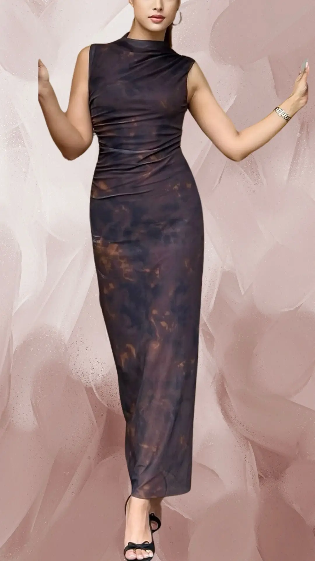 The outfit features a long, form-fitting brown dress with a smooth, slightly stretchy fabric that showcases a rich gradient of dark chocolate and lighter earthy tones. It has a stylish high neckline and sleeveless design, elegantly complemented by the ankle-strap heels with a decorative bow. The dress’s subtle draping adds dimension and sophistication, making it an ideal choice for an elegant occasion.