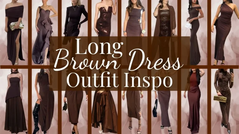 A collection of long brown dresses featuring various styles and necklines, including off-shoulder and sleeveless designs. Fabrics range from silky and smooth to textured, enhancing the dresses' elegance, while shades vary from deep chocolate to lighter caramel browns. Paired with sophisticated shoes or boots, the outfits exude a chic and stylish aura.