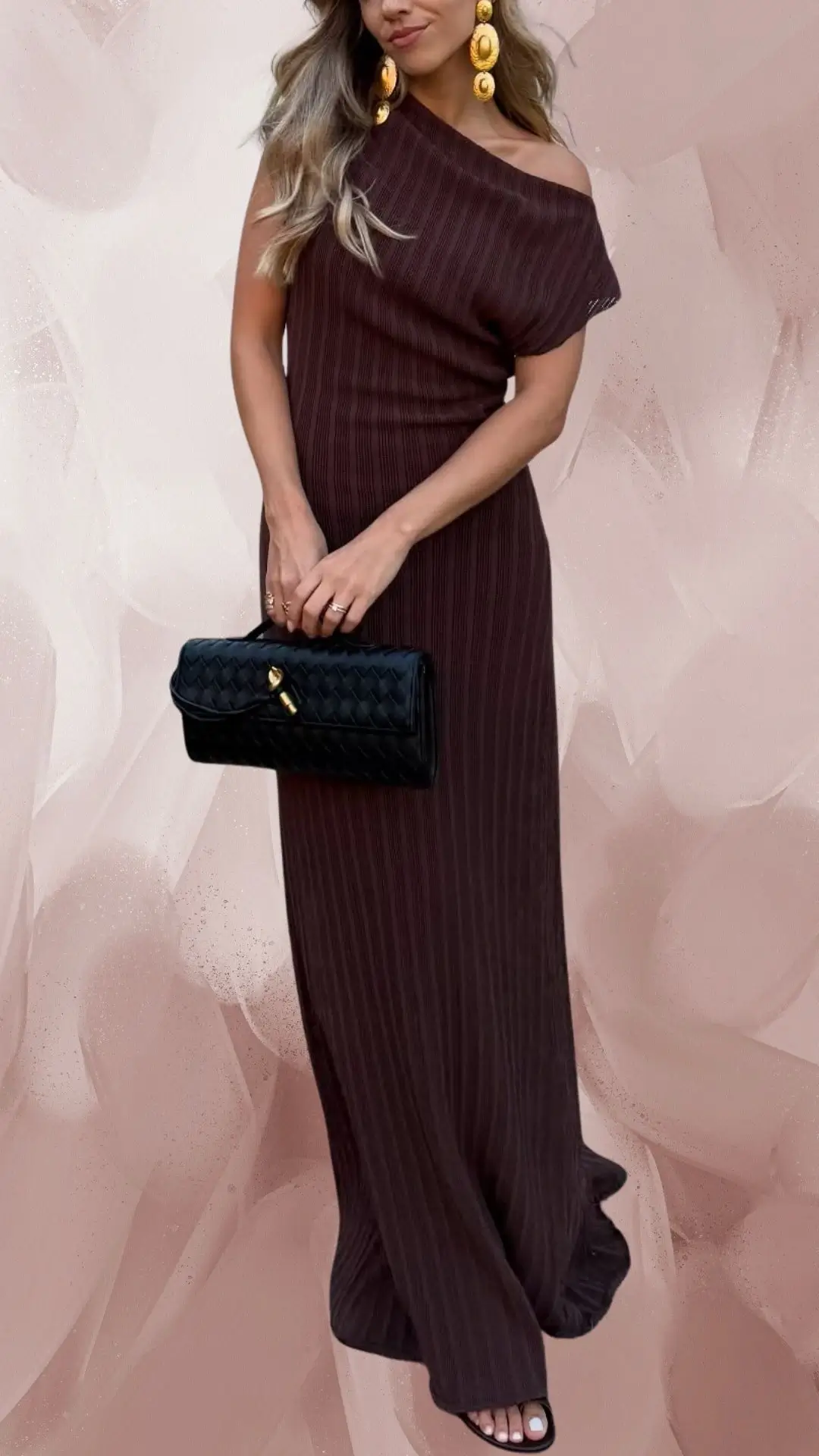 The outfit features a long, ribbed brown dress with an off-the-shoulder neckline and short sleeves, creating a chic and elegant silhouette. Made from a soft, textured fabric, the dress flows gracefully to the floor, complemented by stylish black sandals with open toes. The look is accessorized with a braided black clutch and bold yellow earrings, enhancing its sophisticated appeal.