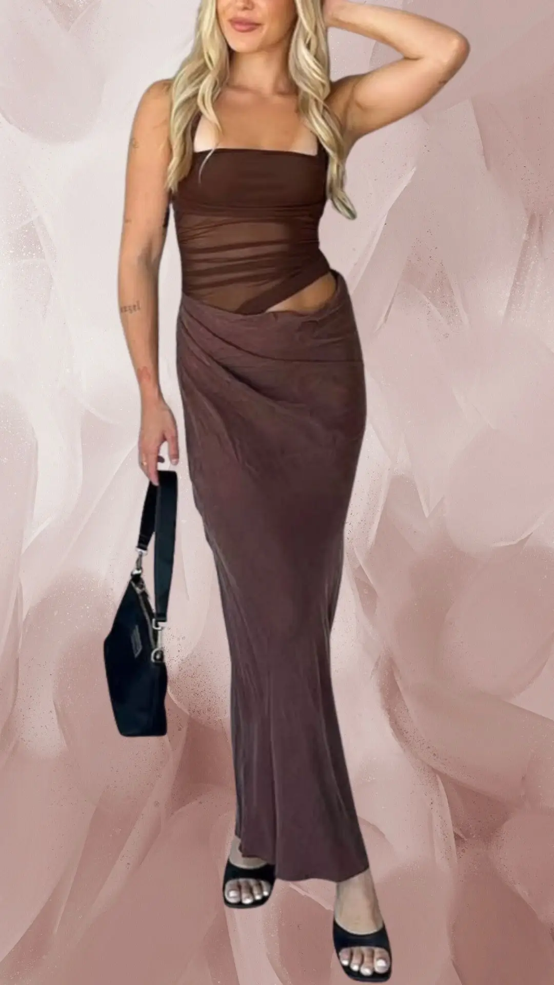 The outfit features a long, fitted brown dress made from a smooth, slightly stretchy fabric with a contemporary silhouette. It has a square neckline and sleek, cut-out detailing at the waist, complemented by a flowing maxi skirt that hugs the figure gracefully. Paired with strappy black open-toe heels, the overall look is elegant and modern, perfect for a chic evening out.