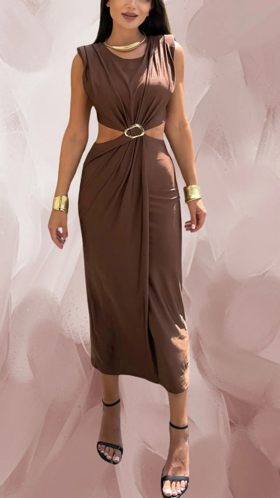A sleek, fitted brown dress made from a smooth, stretchy fabric features a round neckline and sleeveless design, accentuated by a unique twisted front and cut-out sides secured with a decorative belt. The dress falls to a mid-calf length, paired with elegant black heeled sandals that enhance its sophisticated appeal. Gold accessories, including a chunky bracelet, add a touch of glamour to this chic outfit.