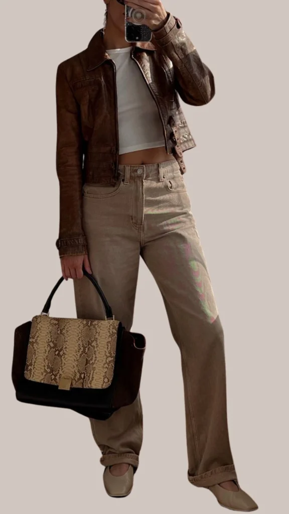 A fitted brown leather jacket features a textured, slightly glossy finish, paired with high-waisted light beige wide-leg pants in a soft fabric. Accessories include a two-tone handbag with a snakeskin pattern and chic beige slip-on shoes with a cutout design, enhancing the overall classy aesthetic. The outfit combines warm shades of brown and neutral tones for a stylish, modern look.
