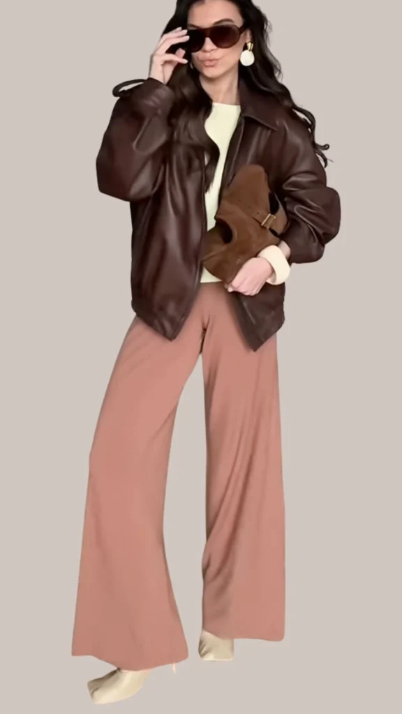 The outfit features a rich, dark brown leather jacket with a soft, shiny texture, paired with loose-fitting, light blush pink wide-leg pants that flow elegantly. Completed with a cream-colored top, chunky cream bracelet, and oversized brown sunglasses, the look exudes a chic and sophisticated vibe. A stylish brown clutch adds a touch of polish to this ensemble.