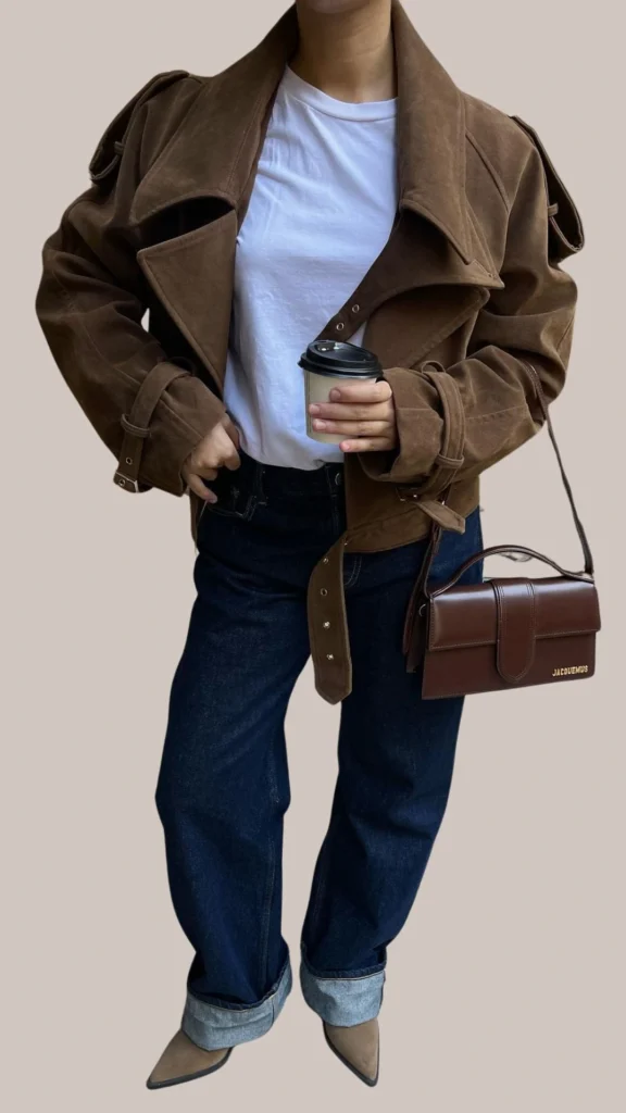 A chic brown leather jacket with a soft, textured finish is layered over a classic white t-shirt. The outfit features fitted dark blue jeans rolled at the cuffs, complemented by pointed beige heels and a small brown crossbody bag, offering a stylish contrast of shades and materials. Accessories include a coffee cup, adding a casual, everyday touch to the ensemble.