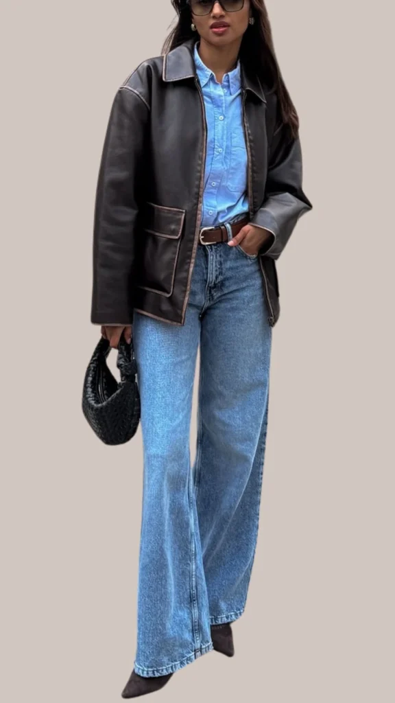 A model showcases a chic outfit featuring a deep brown leather jacket with contrasting stitching, layered over a light blue button-up shirt. The outfit is completed with high-waisted, wide-leg light wash denim jeans and pointed-toe brown heels, accessorized by a small black woven handbag and oversized sunglasses, adding a touch of sophistication. This ensemble blends texture and color for a stylish, contemporary look.