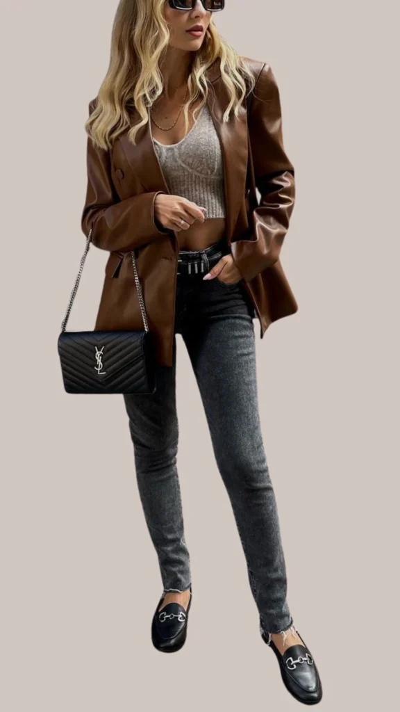 The outfit features a rich brown leather blazer layered over a light gray fitted crop top, accentuating a chic silhouette. Paired with high-waisted dark gray skinny jeans and sleek black loafers embellished with metal detail, the look is completed by a stylish black quilted handbag featuring a gold logo. This ensemble combines luxurious textures and shades for a sophisticated, modern aesthetic.