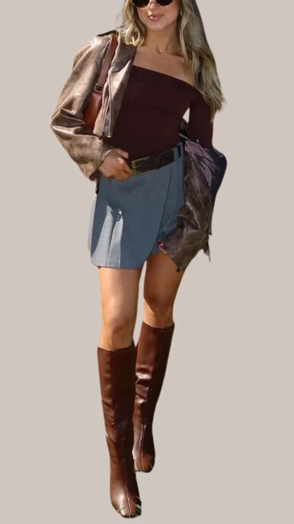 The outfit features a rich, distressed brown leather jacket layered over a deep chocolate off-the-shoulder top, paired with a light gray mini skirt. Completing the look are knee-high brown leather boots, offering a sleek texture contrast and elegance, accented by a brown belt that cinches the waist. This chic ensemble blends modern style with classic elements for a polished appearance.