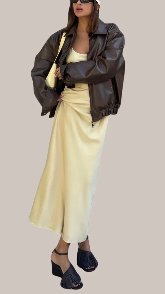 The outfit features a rich, dark brown leather jacket with a relaxed fit and a smooth texture, layered over a light, silky cream-colored dress that falls elegantly to the ankles. Accessorized with black strap heels adorned with fringe detailing, the look is both chic and sophisticated, perfect for a stylish statement. A sleek black handbag and oversized sunglasses complete the ensemble, enhancing the overall contemporary aesthetic.