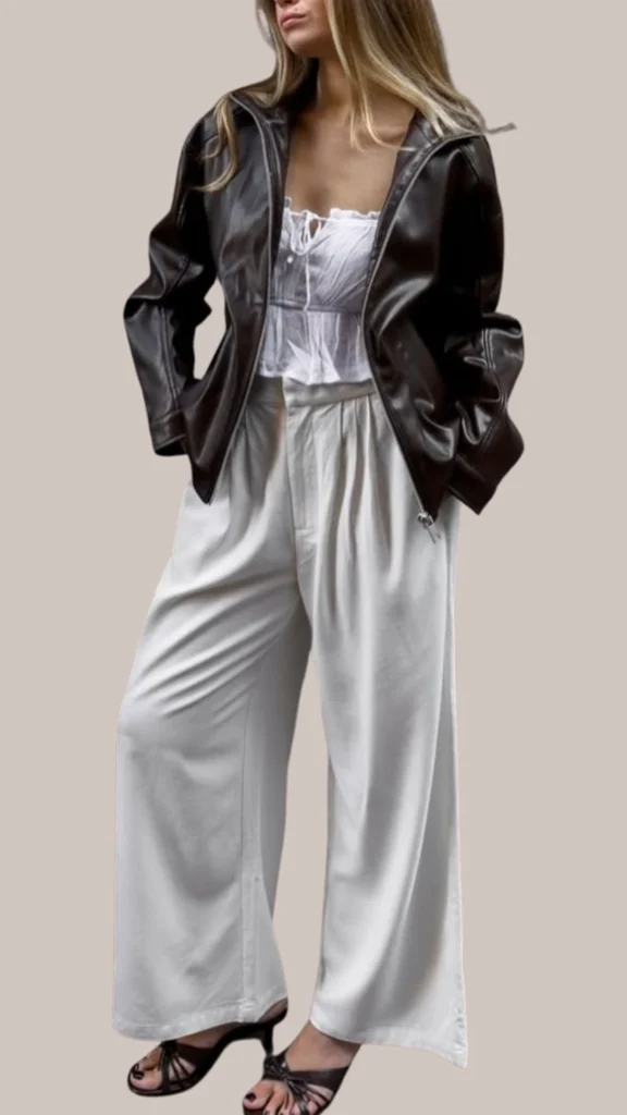 The outfit features a rich, dark brown leather jacket with a smooth, shiny texture, paired with a light, airy white cropped top that has delicate drawstring details. The look is completed with wide-legged, flowy cream-colored pants, enhancing the chic vibe, and strappy black sandals that add a touch of elegance.