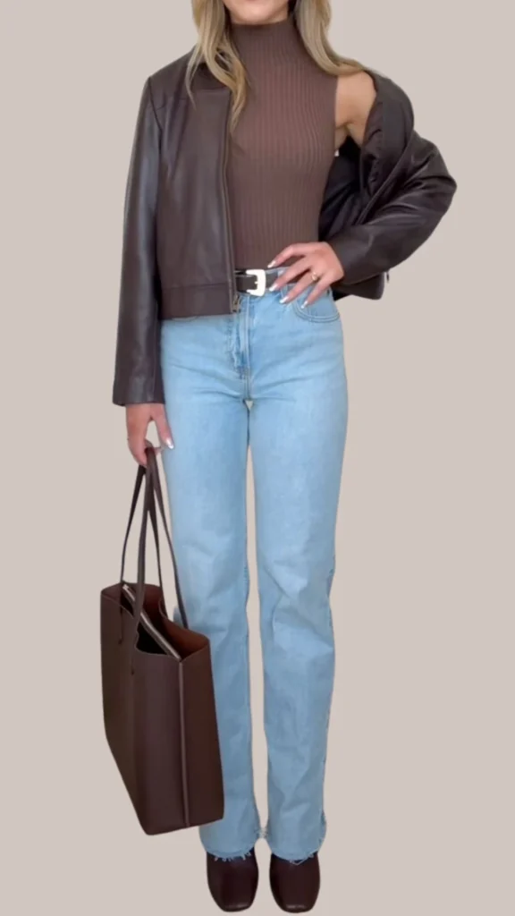 The outfit features a rich brown leather jacket layered over a form-fitting ribbed brown turtleneck, complemented by light-wash denim jeans that are slightly flared at the bottom. Accessories include a wide belt with a silver buckle, a chic brown tote bag, and sleek brown heeled mules, creating a cohesive and stylish look. The combination of textures and tones offers a modern, sophisticated vibe perfect for versatile occasions.