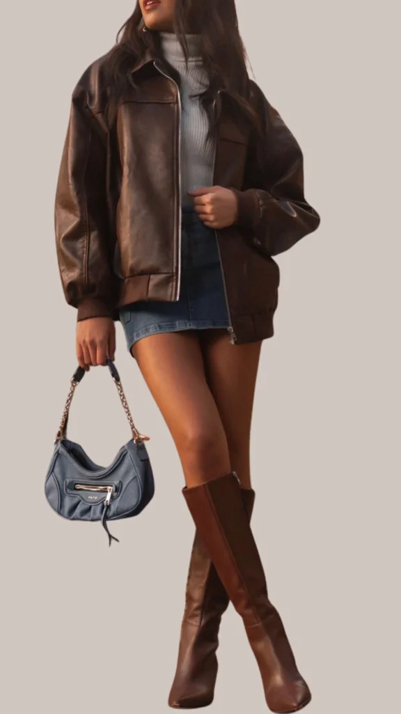 The outfit features a thick, chocolate brown leather jacket with a plush texture, paired with a light grey ribbed turtleneck sweater and a denim mini skirt in a classic blue shade. Complementing the look are knee-high brown leather boots with a sleek finish and a small, structured blue handbag with silver accents for contrast.