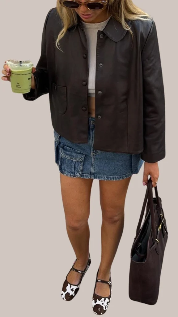 A chic ensemble featuring a dark brown leather jacket with a smooth finish, paired with a light denim mini skirt that adds a casual touch. The look is complemented by distinctive two-tone Mary Jane shoes in brown and white and a stylish brown handbag, creating a cohesive and classy outfit. Accessories include oversized sunglasses, enhancing the overall fashionable vibe.