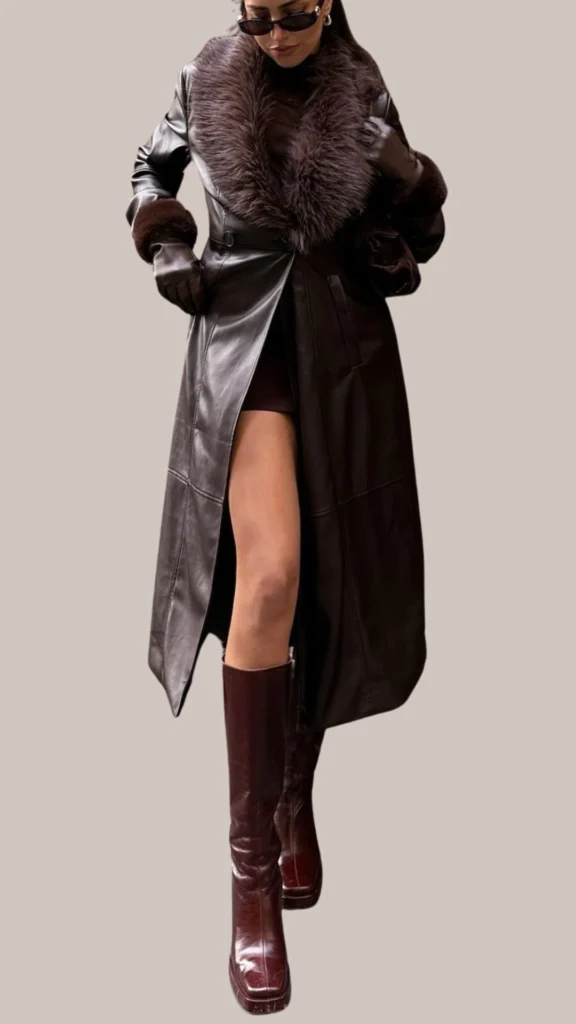 The outfit features a long, dark brown leather jacket with a luxurious, plush brown fur collar and matching fur cuffs, creating a chic and sophisticated look. Underneath, a fitted brown mini dress highlights the model's silhouette, complemented by tall, glossy burgundy boots that enhance the outfit's elegance. Accessories include stylish sunglasses and a textured brown handbag, adding an extra touch of class.