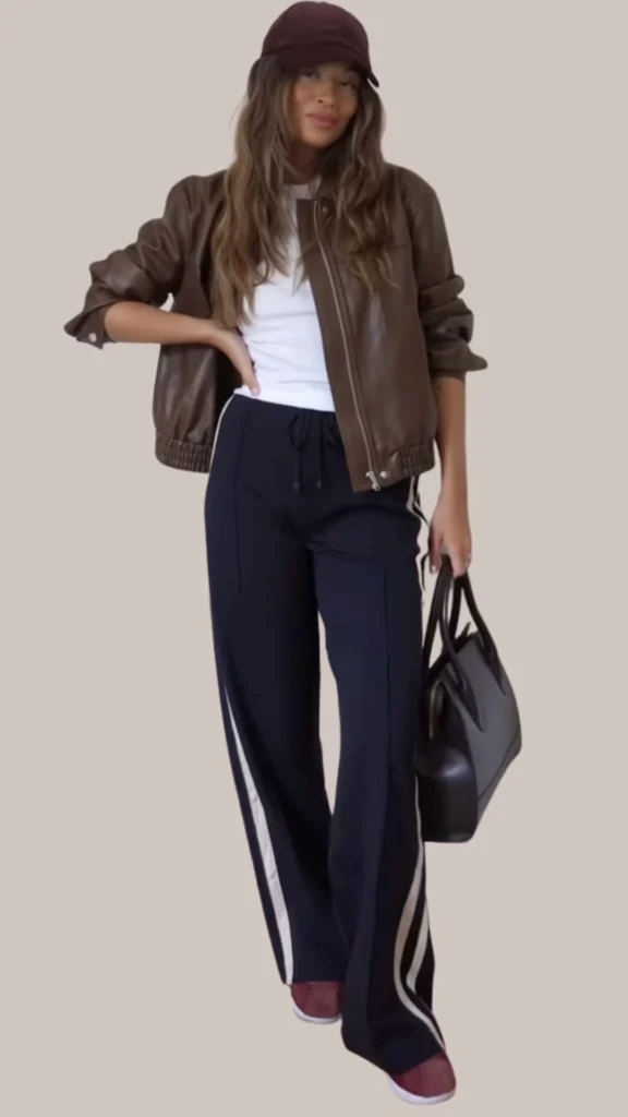 The outfit features a rich, dark brown leather bomber jacket with a smooth finish, layered over a classic white t-shirt. Paired with wide-leg navy blue trousers accented by white side stripes, the ensemble is complemented by maroon slip-on shoes and a chic black handbag for a sophisticated yet casual look. A matching maroon baseball cap adds a trendy touch.