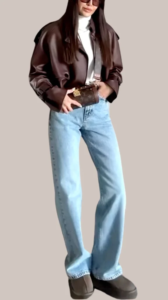 A chic outfit features a rich dark brown leather jacket paired with a fitted white turtleneck, accentuating the silhouette. The look is completed with light blue high-waisted jeans and sleek brown platform boots, complemented by a stylish brown shoulder bag. This ensemble balances textures and shades for a sophisticated, modern appeal.